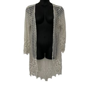 Cato Women's Open Front Long Sleeve Floral Beach Cover-Up White Large